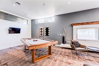 a game room with a pool table and a tv